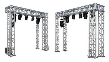 Two metal light trusses with black spotlights against black backdrop