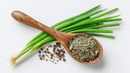 Vibrant green spring onions and aromatic herb blend with peppercorns on a wooden spoon, ready for culinary creation