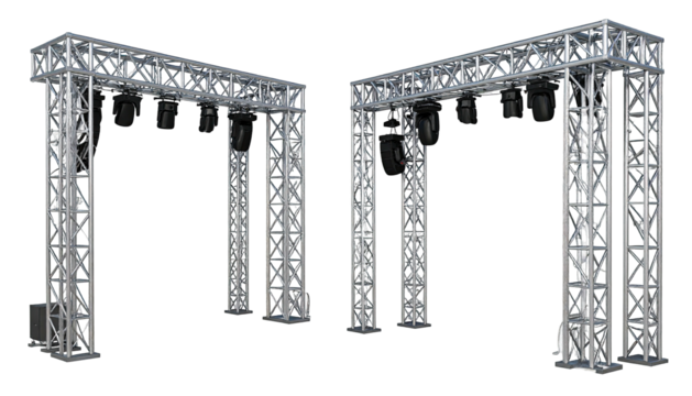 Two metal light trusses with black spotlights against black backdrop