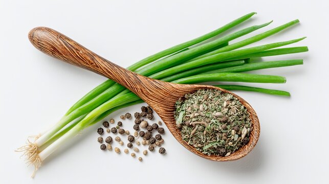 Vibrant green spring onions and aromatic herb blend with peppercorns on a wooden spoon, ready for culinary creation