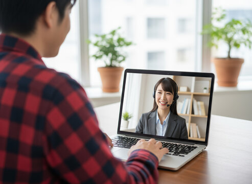 ノートパソコンでビデオ通話をする男性とスーツ姿の女性　オンラインミーティングやリモート面談を行うビジネスシーン　在宅勤務・リモートワーク・オンライン面接をイメージしたコミュニケーション風景 オンラインサポート
