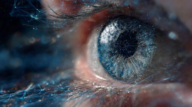 Stunning close up of human eye with futuristic digital network overlay, symbolizing AI and data connection