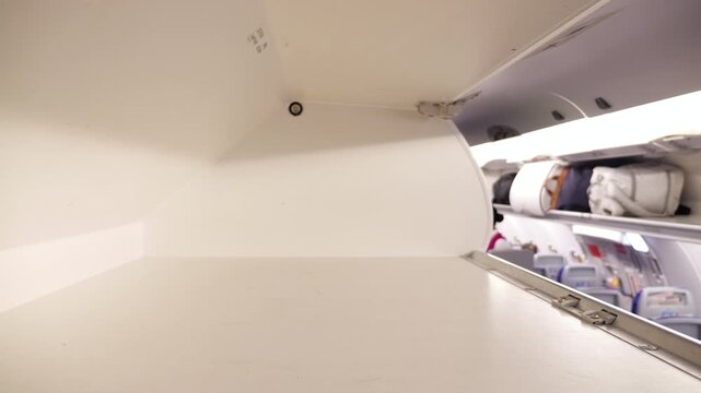 Airplane passenger pulling a silver aluminum suitcase from the overhead luggage compartment after the flight lands, preparing for disembarking before a vacation or business trip