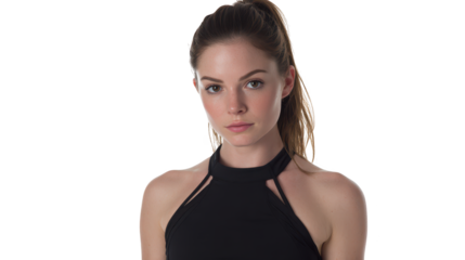 Woman in black top with ponytail female individual wearing dark attire hair pulled back