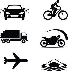Naklejka premium Black transportation icons car bicycle truck motorcycle airplane boat on white car icon bicycle icon