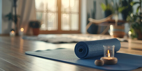 Yoga Mat and Accessories for Fitness and Meditation, Yoga Equipment Flat Lay for Healthy 