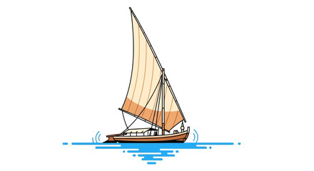 Sailboat on water tan sails billowing depicted in pixel art with blue waves
