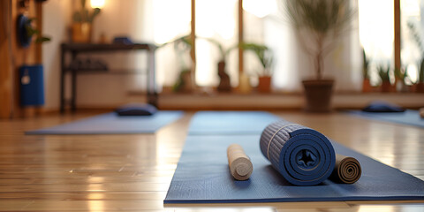 Close-Up of Yoga Mat and Accessories for Fitness and Meditation, Yoga Equipment Flat Lay for Healthy Lifestyle, Minimalist Wellness Setup with Yoga Mat and Props