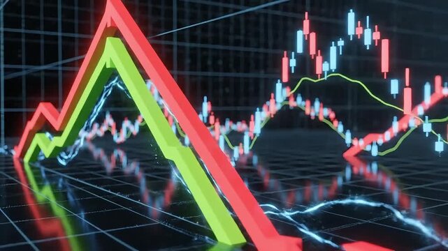 Dynamic financial charts show volatile market trends with sharp upward and downward movements.