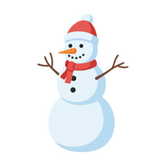 A cheerful cartoon snowman wearing a red hat and scarf, with twig arms and carrot nose.