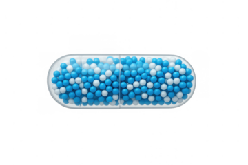 Clear capsule filled with blue and white medicine beads, visualizing drug delivery, treatment, and medical research on transparent background
