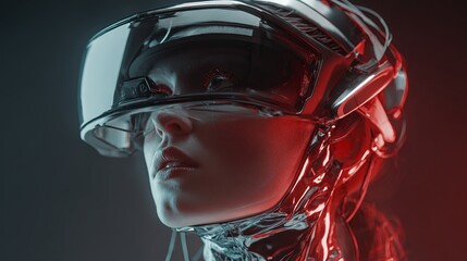 Futuristic woman with sleek helmet and glowing visor explores virtual reality, experiencing advanced digital immersion