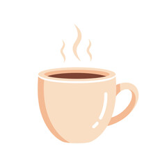 Obraz premium A simple flat illustration of a steaming cup of hot coffee or tea, isolated on a white background, conveying warmth and comfort.