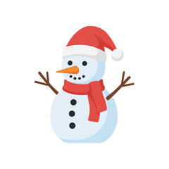 A cheerful cartoon snowman wearing a red Santa hat and a red scarf, with stick arms and a carrot nose, on a white background.