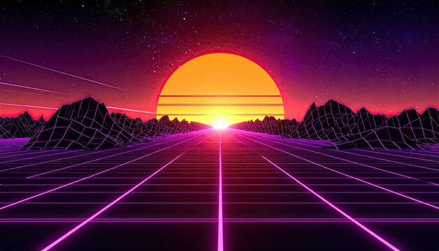 Retro horizon gridscape glowing sun, wireframe mountains