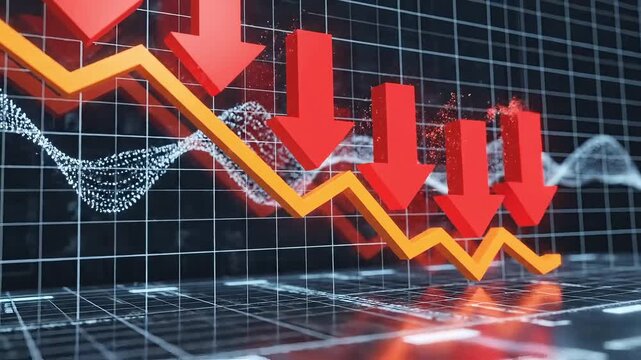 Financial chart showing a sharp downward trend with red arrows indicating a market crash or loss.