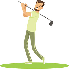 Man in Light Green Polo Shirt and Khaki Pants Swinging Golf Club on Green Grass Field with White...