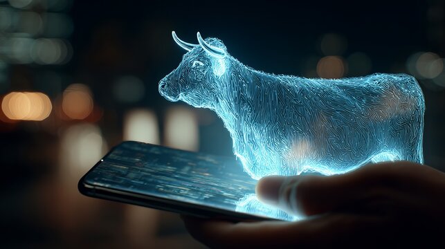 Futuristic hologram of a bull emerges from a smartphone screen, showcasing cutting edge technology and innovation.