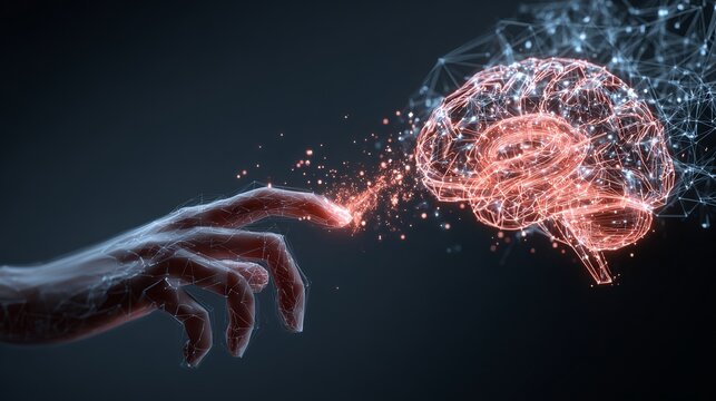 Stunning digital brain connection ignites with glowing neural network and human touch, symbolizing innovation and AI. - Powered by Adobe