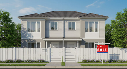 Clean Exterior Shot of a Duplex House With a Green Lawn and For Sale Marker With A 'For Sale' Sign Board. 