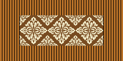 Vertical lines resembling a wooden latticework in brown and orange tones, combined with damask patterns, create a modern and classic feel. Designed as a seamless background.