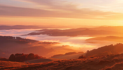 Breathtaking sunrise bathes rolling hills in golden light and dreamy mist, perfect for promoting tranquility and adventure in travel or wellness campaigns