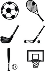 Black and white icons of sports equipment and a basketball hoop soccer ball tennis racket