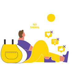 Man sitting back relaxing with backpack on yellow background and social media icons floating around him with no signal indicator illuminated.