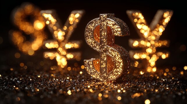 Shimmering gold dollar symbol and yen symbols sparkle amidst dark, glittering background, signifying wealth and global finance.