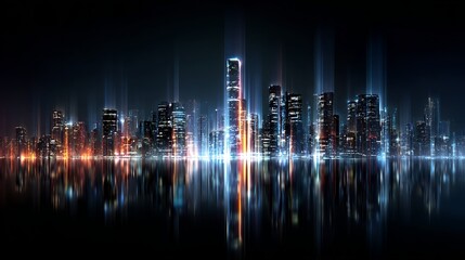 Stunning futuristic cityscape glows with vibrant neon lights reflecting on dark water, symbolizing innovation and urban progress.