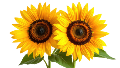 Two bright sunflowers, gold petals, dark centers, green leaves