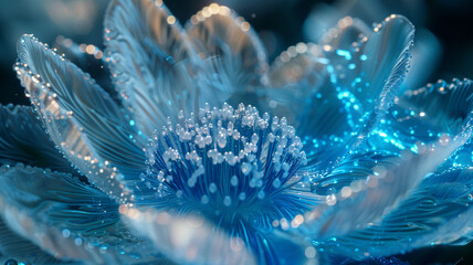 surreal close-up of an icy flower core glowing from within, frozen veins visible like delicate glass filaments, blue luminescence shining through transparent petals