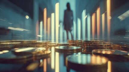 Financial Vision: A silhouette of a businesswoman confidently stands before a shimmering display of golden coins, and ascending financial graphs, and symbolizes investment.