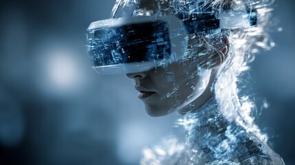 Immersive virtual reality experience, person engaging with futuristic digital world, exploring technology's cutting-edge possibilities
