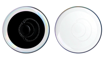 Two discs one dark abstract, one white, similar concentric forms