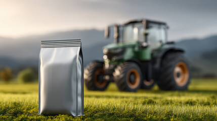 Tractor and Bag in Distance, A plain 3D fertilizer bag mockup, with a large, modern farm tractor subtly blurred in the background, working in a vast field. with copy space. 