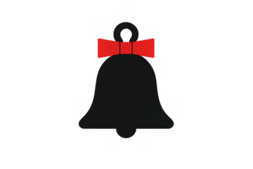 Black bell icon with red ribbon bow symbolising notification, alert, christmas, holiday or jingle