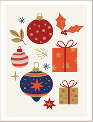 Festive Christmas Poster Featuring Baubles, Gifts, and Holly Decorations on a Cream Background