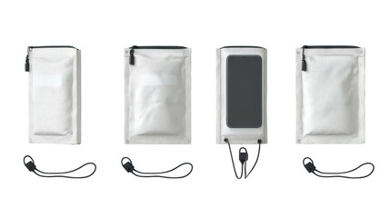 Obraz premium Three white pouches with black cords are displayed arrangement features three white pouches with contrasting black cords