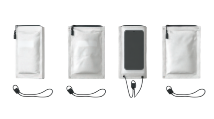Three white pouches with black cords are displayed arrangement features three white pouches with contrasting black cords