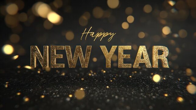 Elegant golden happy new year text with sparkling bokeh lights and glitter on a dark festive background