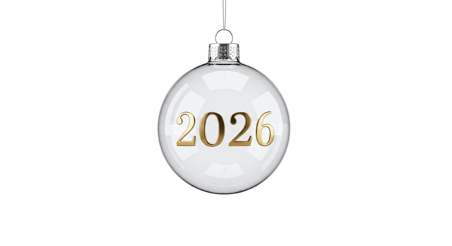 Elegant christmas ornament with 2026 isolated on transparent background, a festive decoration for the holiday season, symbolizing the upcoming year and celebrations