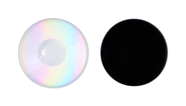 Two circles one iridescent/bubbly, one solid black
