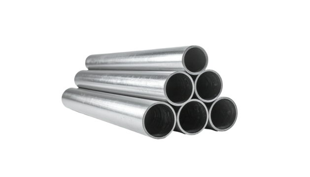 Stack of seven silver metal pipes arranged in a pyramid