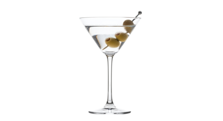 Classic martini cocktail with olive garnish in a clear glass, isolated on transparent background, showcasing the elegance and simplicity of the drink