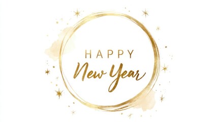 Elegant golden oval frame with happy new year text and sparkles on white background