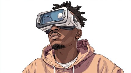 Young man immersed in virtual reality, exploring futuristic digital worlds with modern VR headset