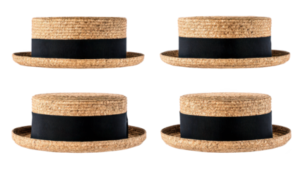 Arrangement of four natural and black straw hats four distinct straw hats in black and natural tones