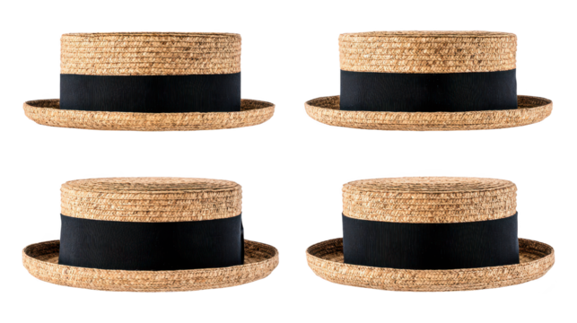 Arrangement of four natural and black straw hats four distinct straw hats in black and natural tones