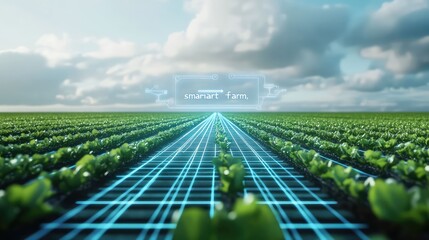 The concept of a "smart farm," with rows of crops monitored by small, ground-based sensors and an overhead drone, data overlays showing soil moisture and plant health,